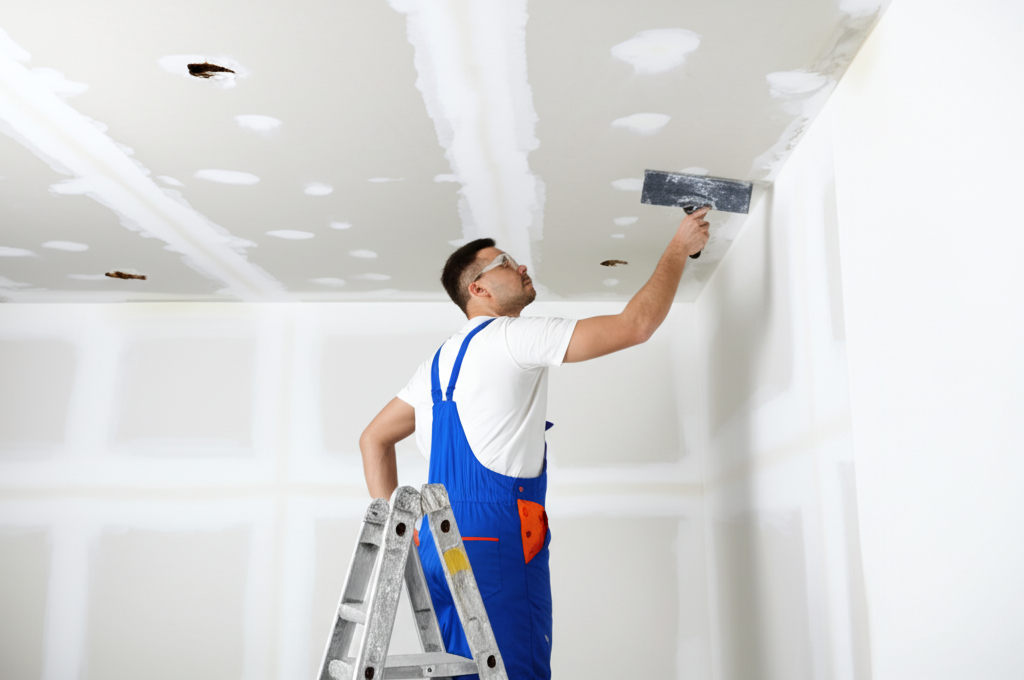 Technician repairing damaged ceiling drywall