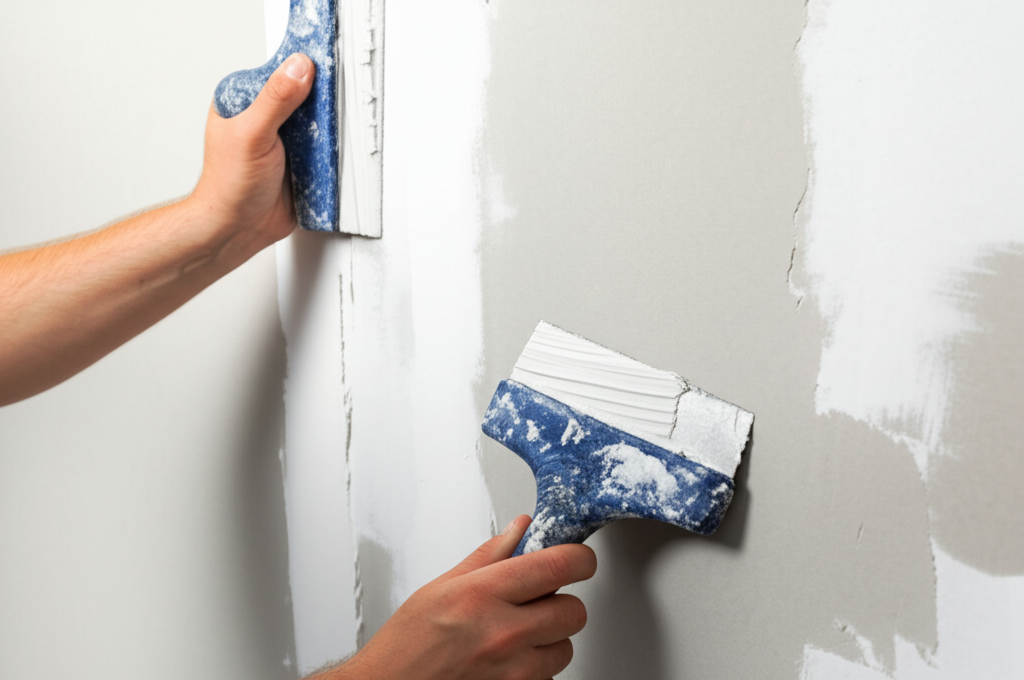 Technician repairing damaged drywall with precision tools