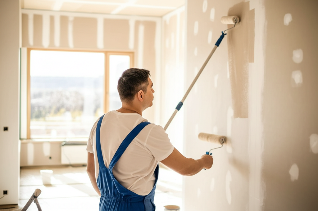 Professional painter applying finish coat to drywall