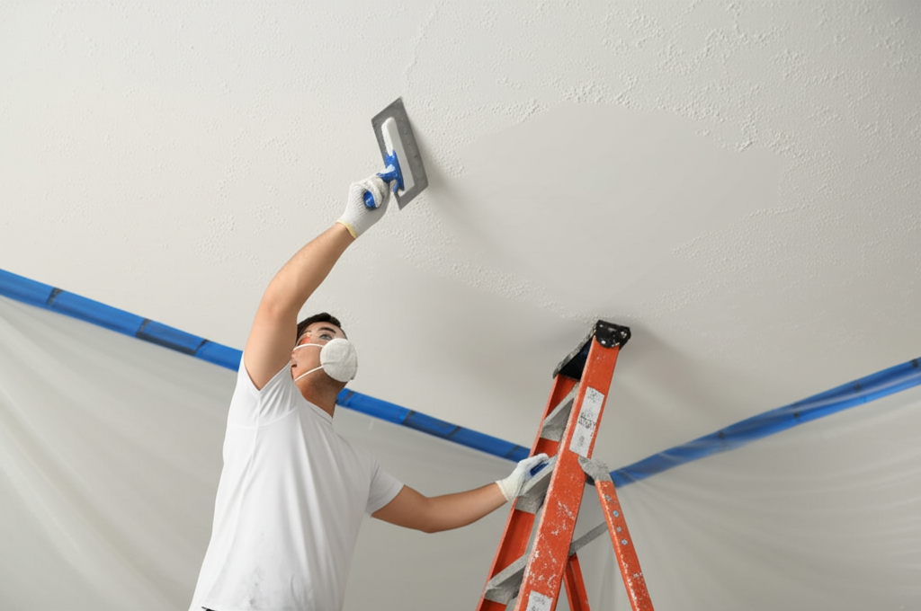 Contractor removing popcorn ceiling texture with specialized tools