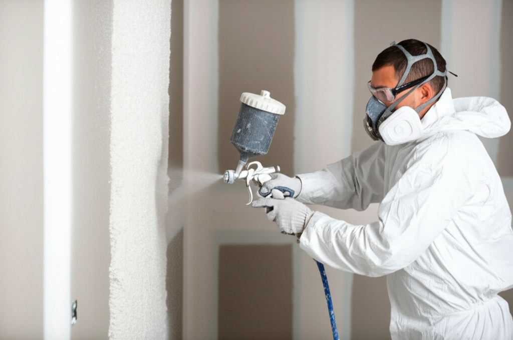 Professional applying texture to wall with spray equipment